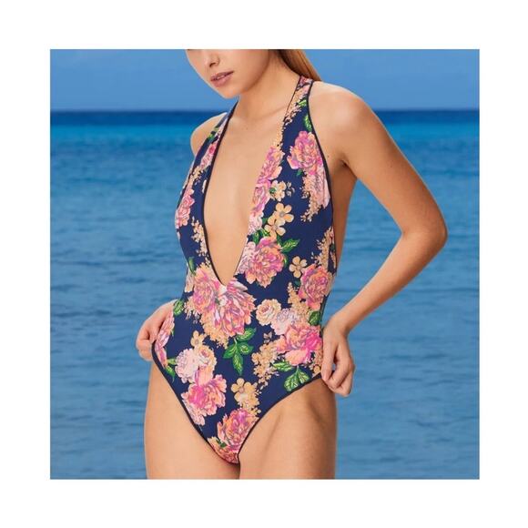 Maaji Reversible Cheeky Swimsuit One Piece Plunge NEW Blue Floral Size Large NWT - Picture 3 of 8